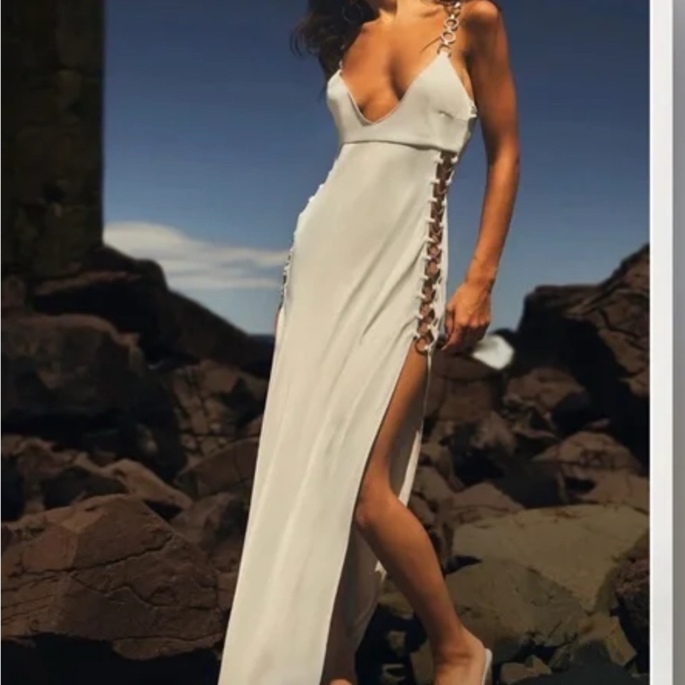 Beige Farren ring maxi dress MESHKI. BRIDAL.